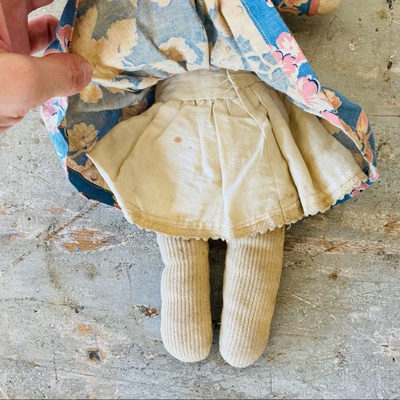 ♥️ Antique ♥️ Old Red Pink - Blue Stitched Face Rag Doll - Picture 10 of 13